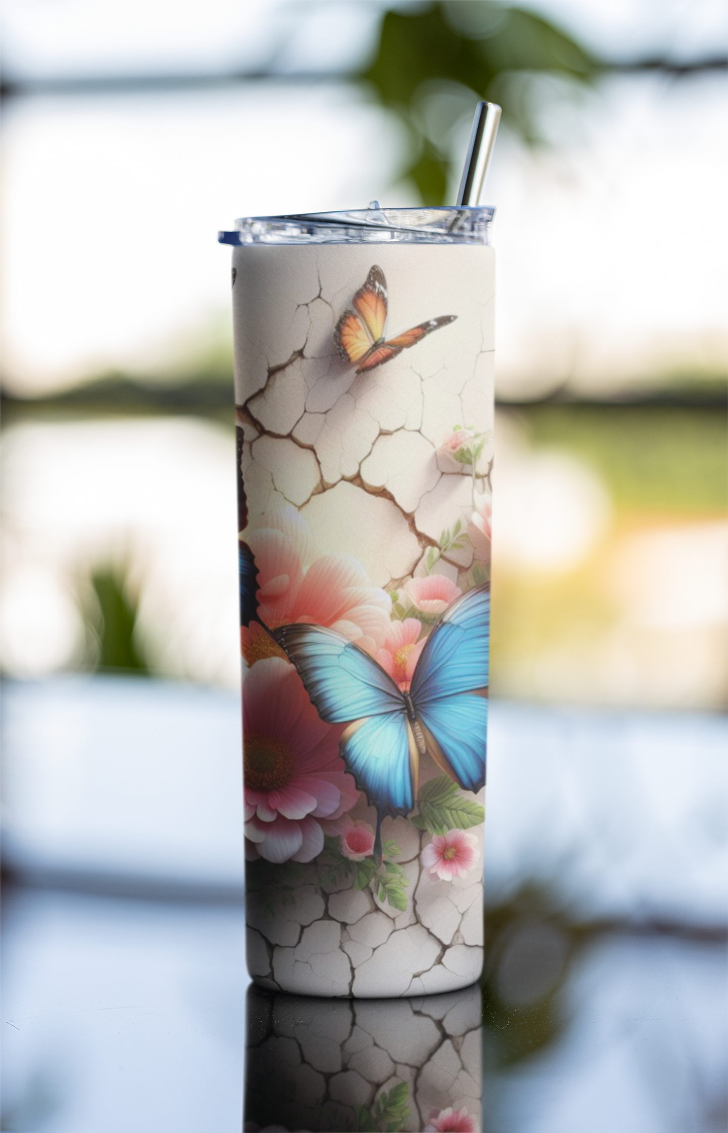 Butterflies And Flowers On Cracked Wall Tumbler