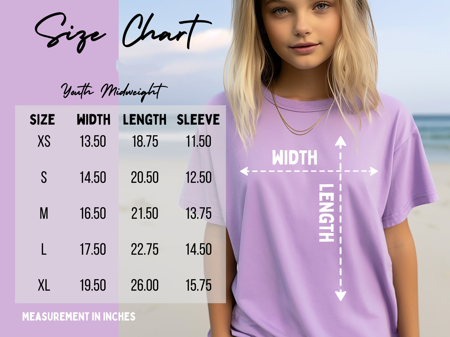 Size chart for a youth t-shirt with a model wearing the shirt.
