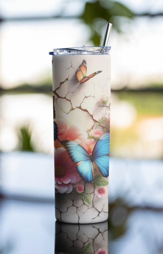 Butterflies And Flowers On Cracked Wall Tumbler